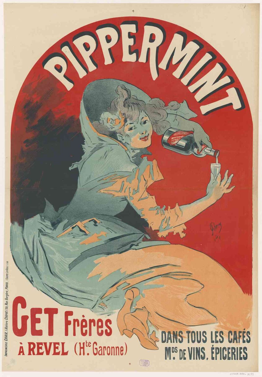 Colorful Art Nouveau poster by Jules Chéret (1900) showing a smiling woman pouring a glass of mint liqueur with bold red and blue tones and swirling typography, titled “Pippermint. Get Frères à Revel.”