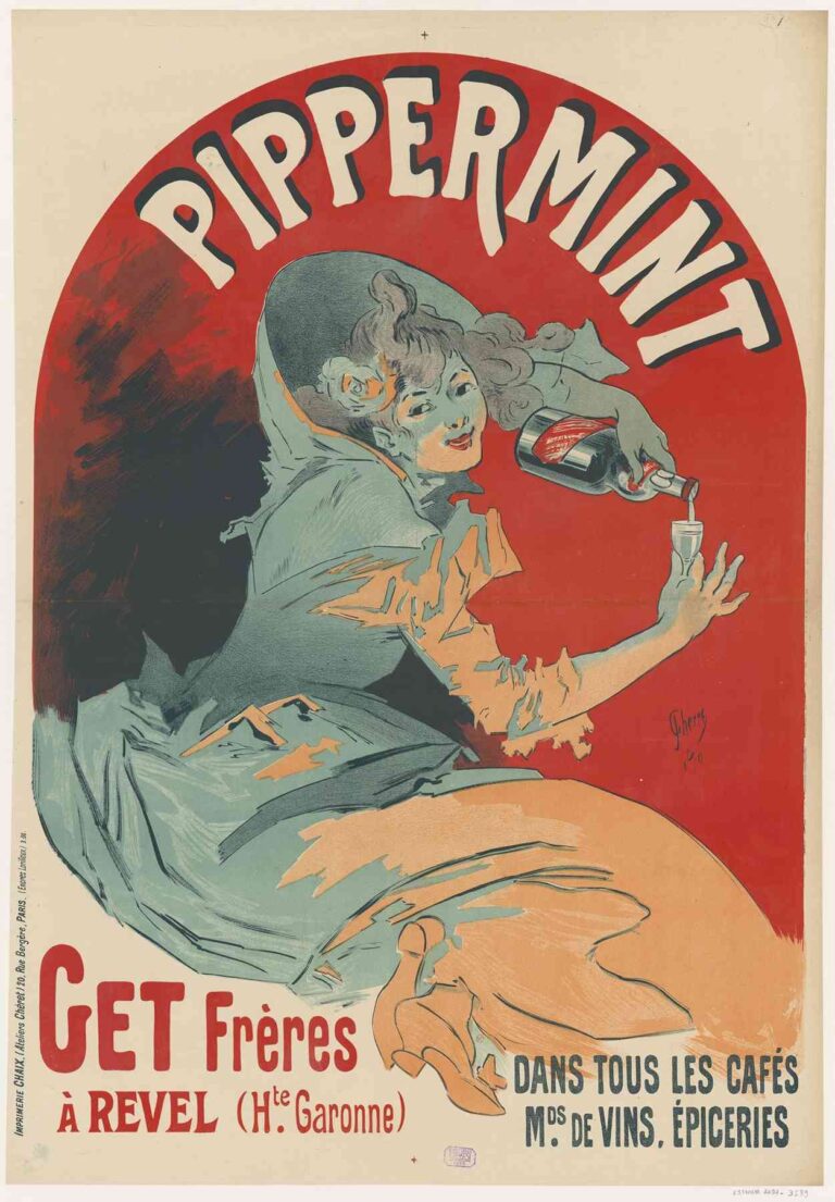 Colorful Art Nouveau poster by Jules Chéret (1900) showing a smiling woman pouring a glass of mint liqueur with bold red and blue tones and swirling typography, titled “Pippermint. Get Frères à Revel.”