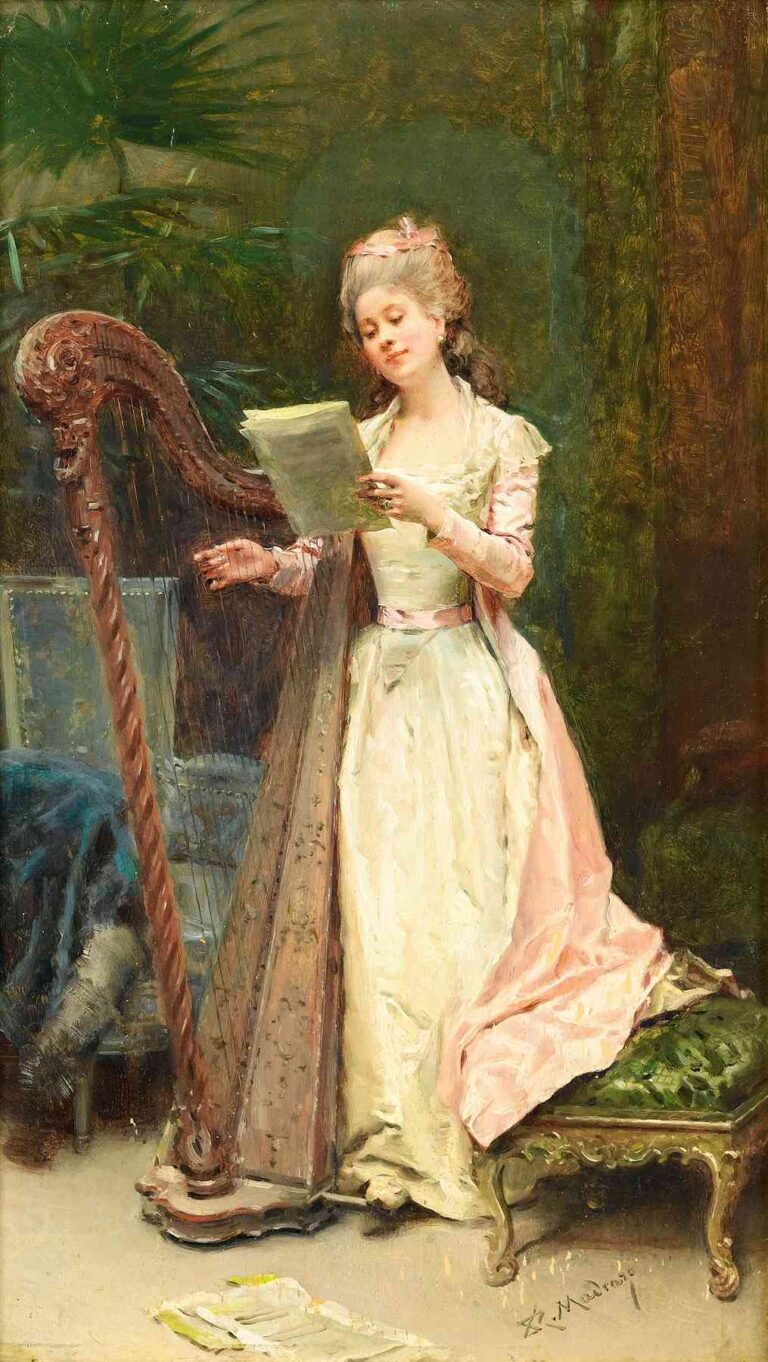 Elegant 19th-century painting by Raimundo de Madrazo y Garreta showing a young woman in Rococo dress reading sheet music while rehearsing at a harp in a richly decorated interior, titled “The Rehearsal.”