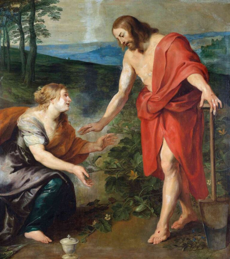 Baroque religious painting by Peter Paul Rubens showing the resurrected Christ in red robe appearing to Mary Magdalene in a lush garden landscape, with emotional gestures and symbolic elements, titled “Christ Appears to Mary Magdalene.”