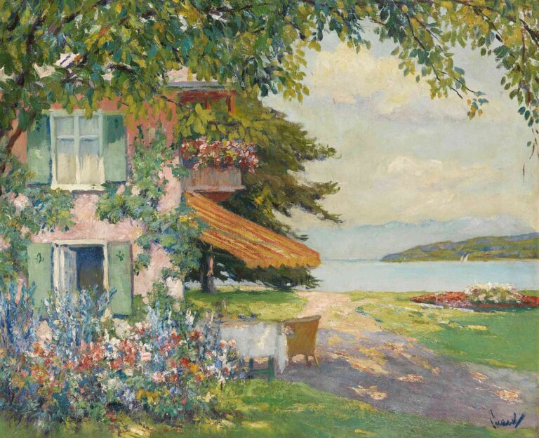 A sunlit garden scene by Edward Cucuel titled “Spring Garden in Starnberg”, featuring a flower-covered house with green shutters, a striped awning, blooming plants, and a view of Lake Starnberg under a tree canopy on a spring afternoon.
