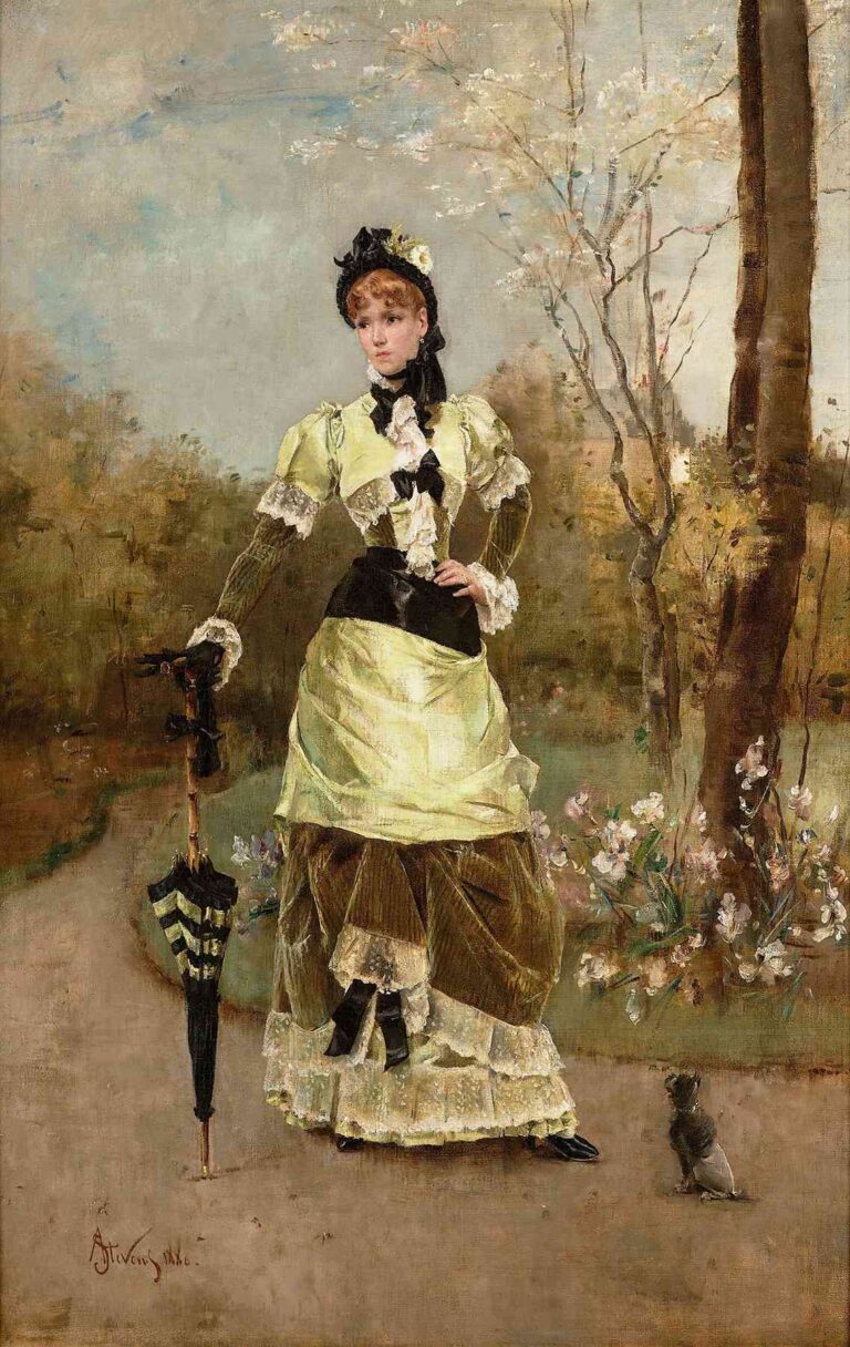 A 19th-century painting titled “The Parisian” by Alfred Stevens, showing a stylish woman in a green and black dress holding a parasol, standing in a spring garden with blooming flowers and a small dog at her feet, embodying elegance and Parisian fashion.