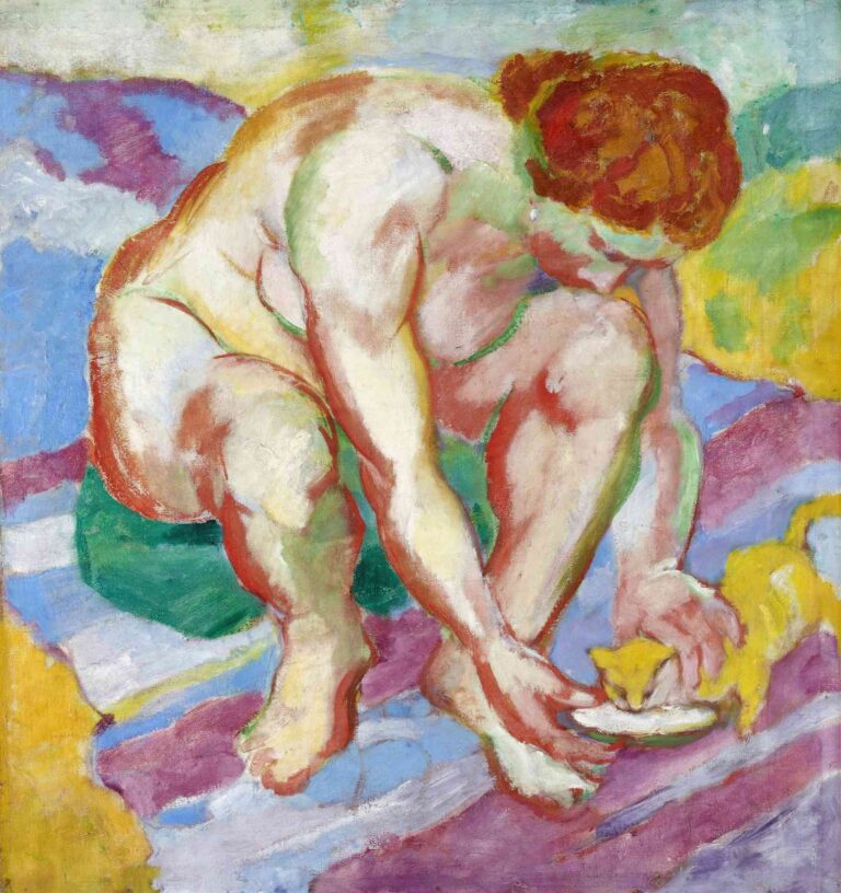 Expressionist painting titled “Nude with a Cat” by Franz Marc, showing a crouching nude woman with red hair offering a bowl to a small yellow kitten, set against a colorful, abstract background with bold brushstrokes and vibrant hues.