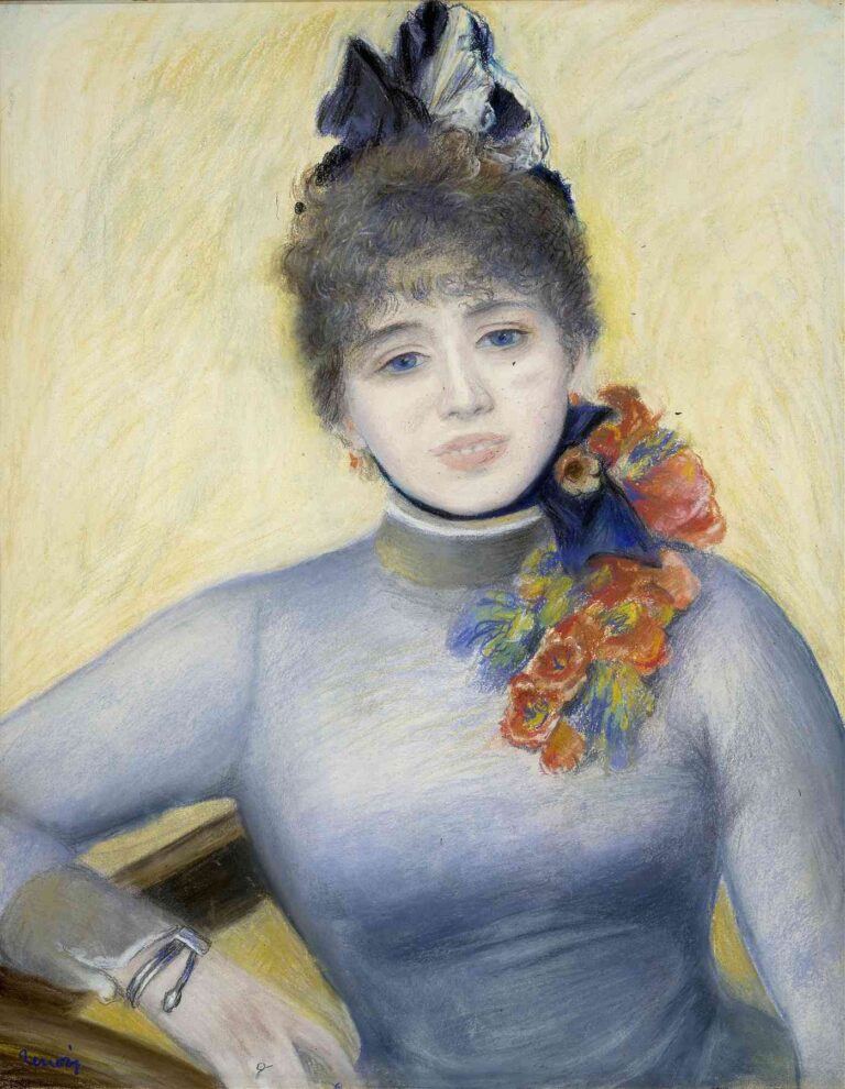 Pastel portrait of Caroline Rémy by Pierre-Auguste Renoir (1885), showing a woman with curly brown hair, soft blue eyes, and a floral corsage, seated against a pale yellow background, wearing a gray-blue blouse with a confident, serene expression.