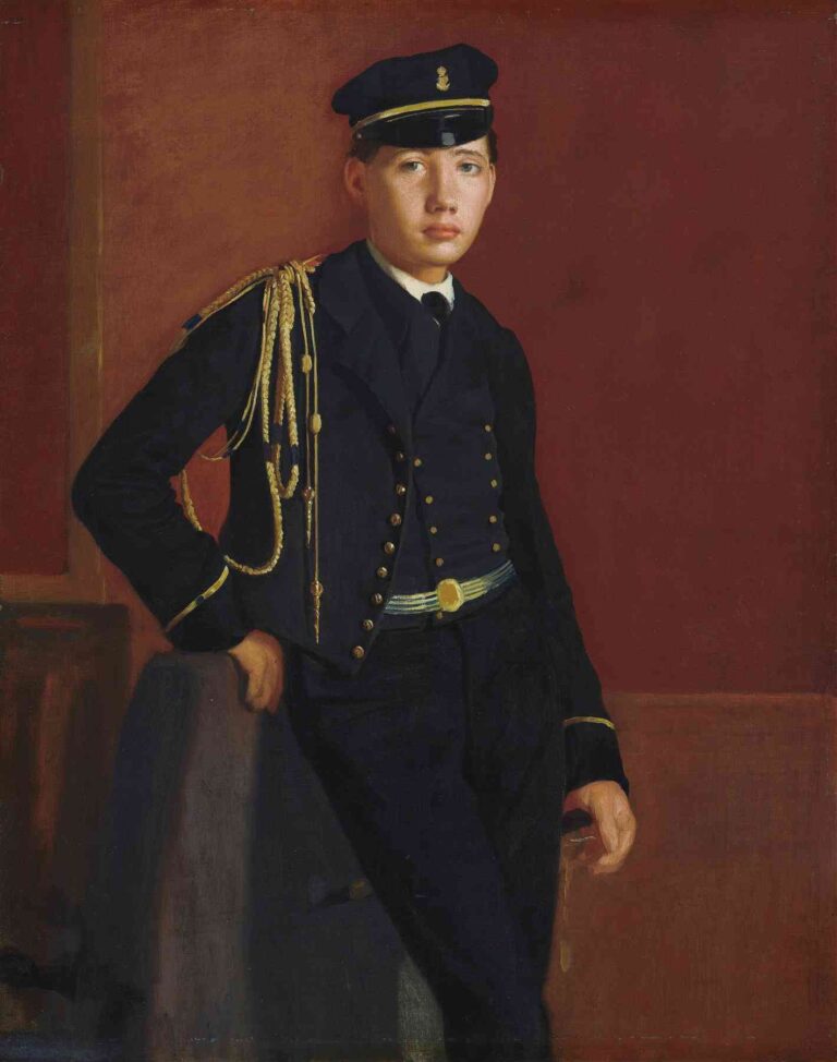 Portrait painting of Achille De Gas in a French military cadet uniform by Edgar Degas, showing a young man in a navy outfit with gold accents, standing against a red background, circa 1856.