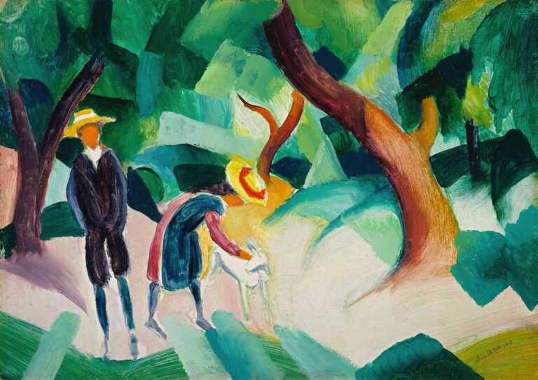 Colorful Expressionist painting by August Macke showing two children and a white goat in a stylized forest landscape, painted in 1913 with abstract green and blue shapes and bright highlights.