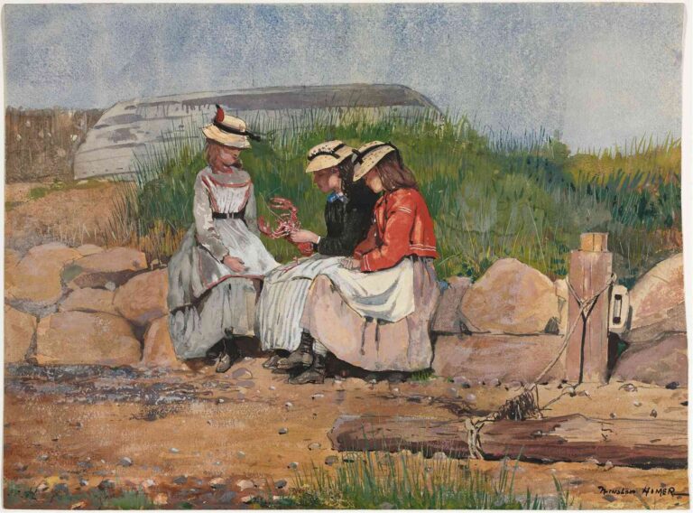 Watercolor painting by Winslow Homer showing three girls in 19th-century dresses examining a lobster by a stone wall near grassy dunes, titled “A Fisherman’s Daughter” (1873).