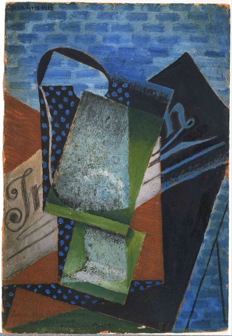 Cubist still life painting by Juan Gris titled “Abstraction” (1915), featuring overlapping geometric shapes in blue, green, black, and brown, with text fragments and layered spatial planes.