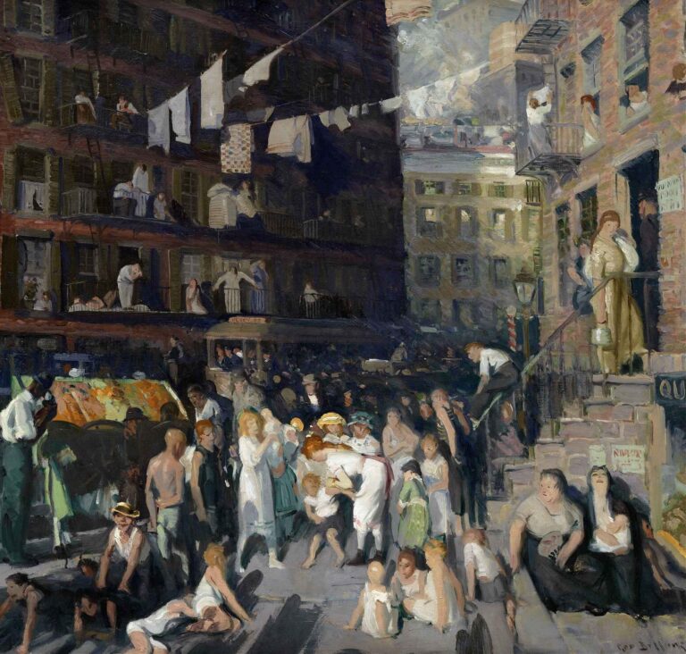 Bustling urban street scene depicting a crowd of immigrants and children in front of crowded tenement buildings, with laundry hanging overhead—painted by George Wesley Bellows in 1913.