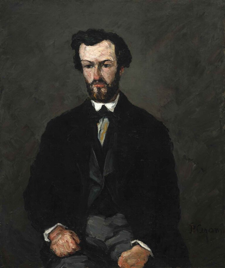 Oil painting by Paul Cézanne titled Antony Valabrègue (1866), showing a seated man in a dark suit against a shadowy background, painted with expressive, rough brushstrokes in a somber color palette.