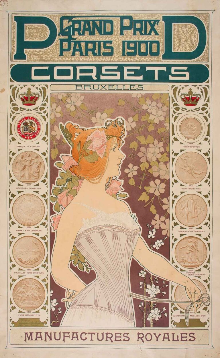 Art Nouveau poster from 1900 by Henri Privat-Livemont featuring a woman in a white corset surrounded by pink flowers and decorative medallions, advertising “Pd Corsets” with elegant typography and ornate floral design.