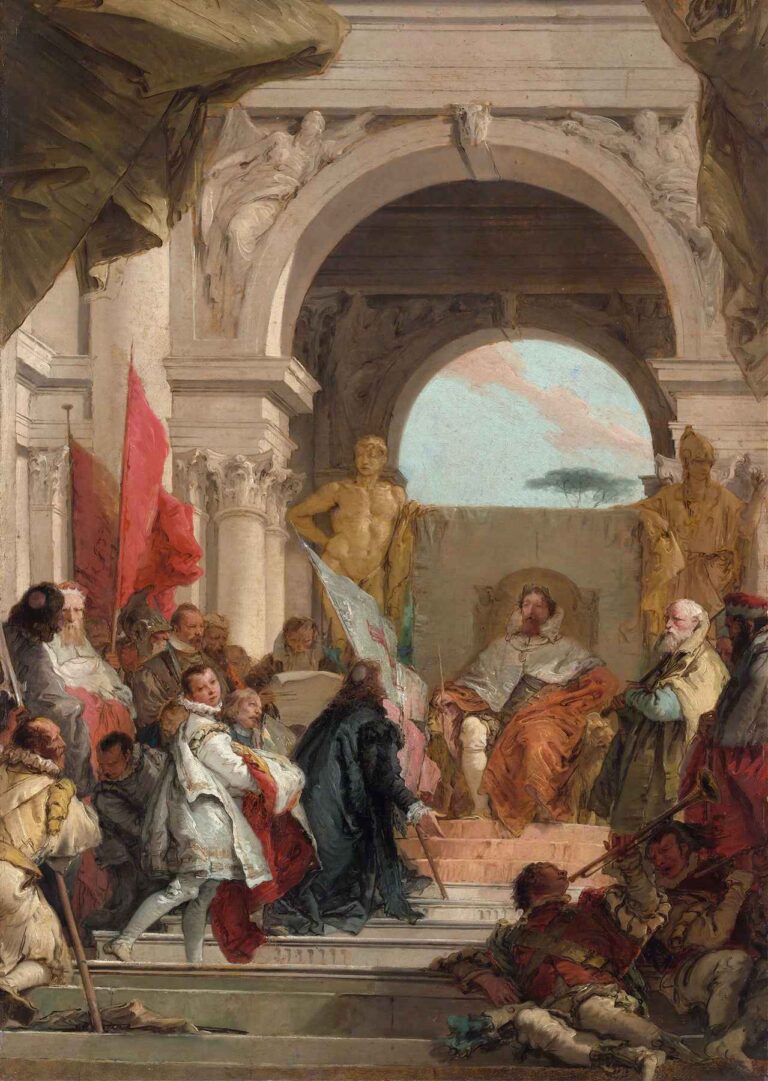 Painting by Giovanni Battista Tiepolo titled The Investiture of Bishop Harold as Duke of Franconia, depicting a grand ceremonial scene with a throne, classical architecture, red banners, and richly dressed figures in dramatic poses.