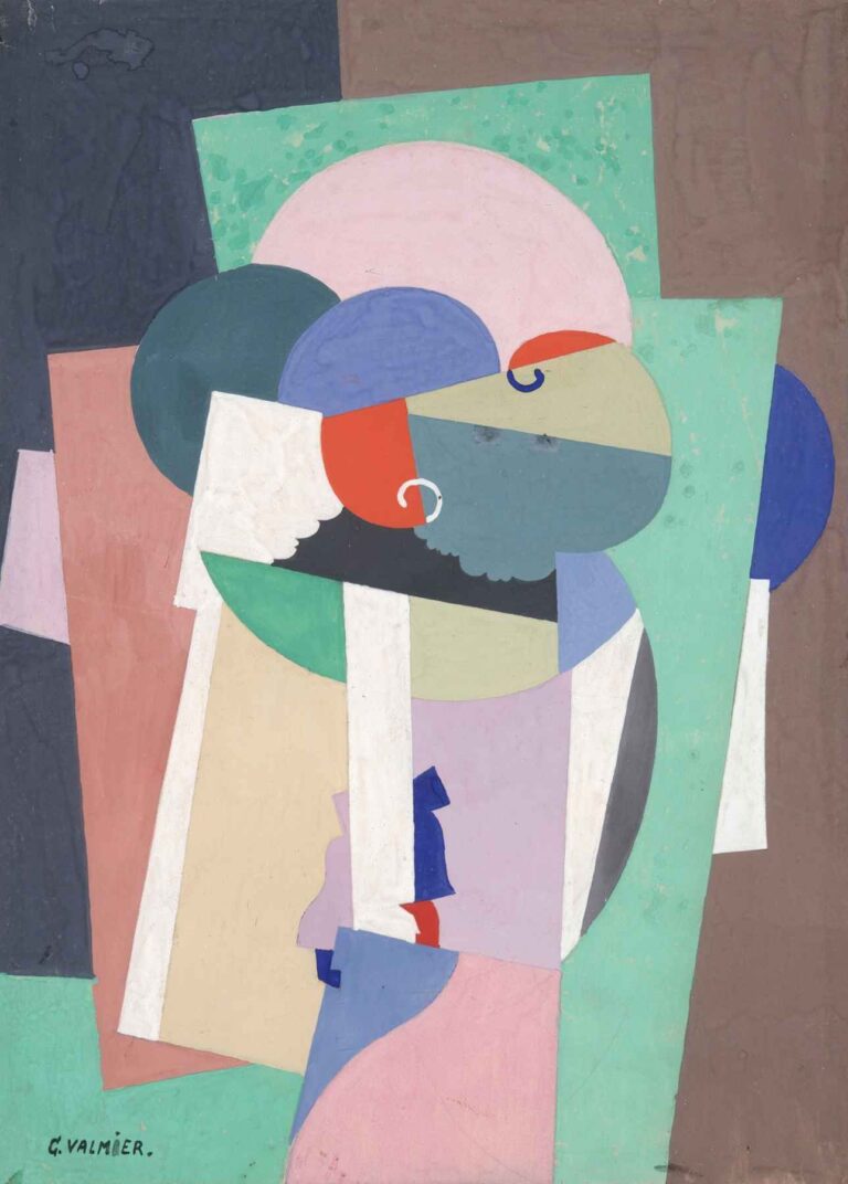 Abstract geometric painting by Georges Valmier featuring overlapping circles, rectangles, and pastel color blocks in pink, green, blue, and red, arranged in a dynamic and layered composition.