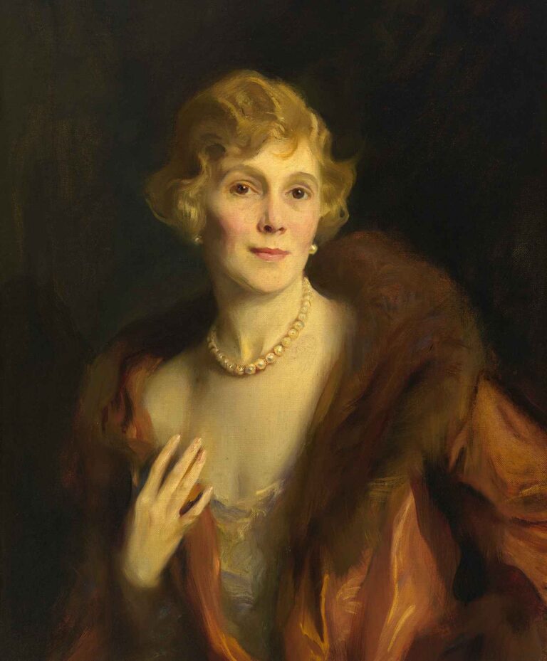 Elegant oil portrait of Pauline Morton Sabin, 1926, by Philip de László: a blonde woman in a pearl necklace and rust-colored wrap gazes confidently at the viewer against a dark background.