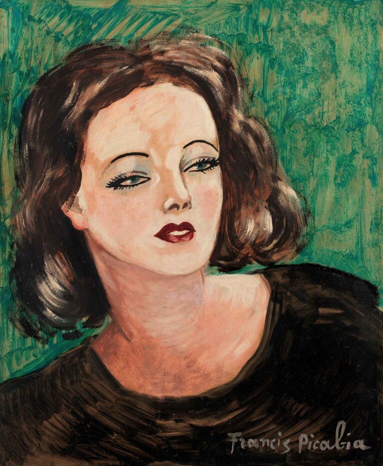 Untitled portrait painting by Francis Picabia featuring a stylized woman with dark hair and red lips against a textured green background, blending glamour, abstraction, and irony in a 20th-century modernist style.