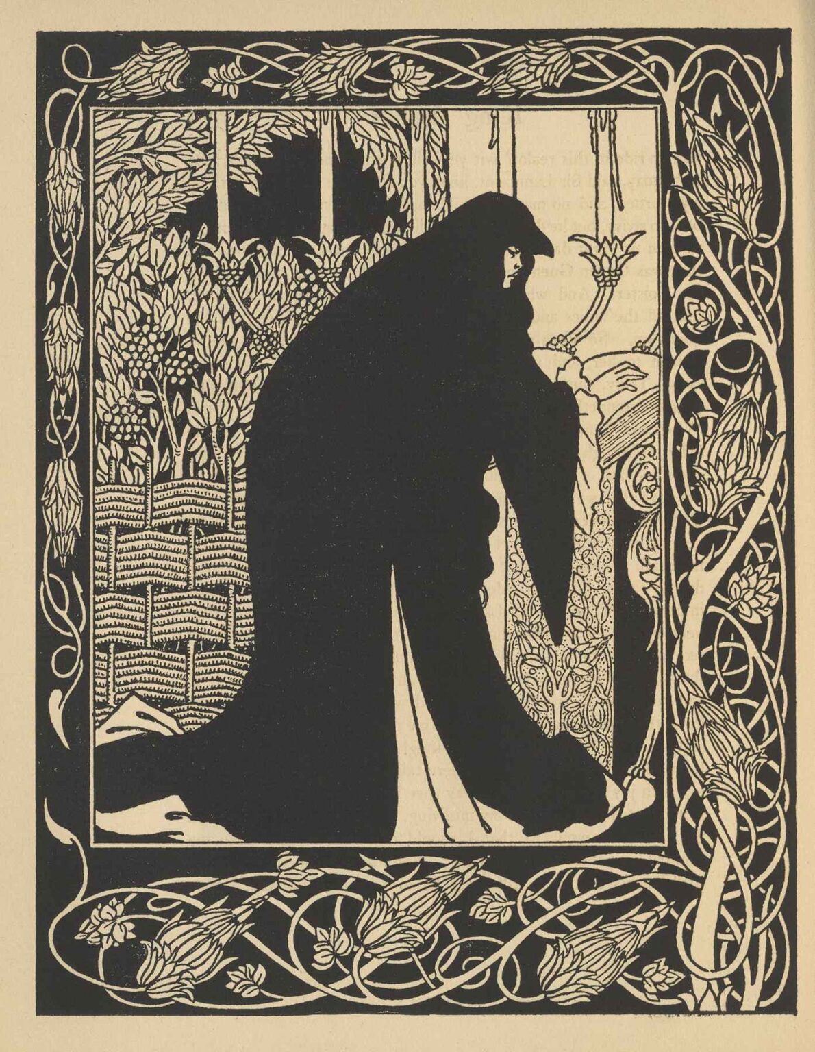 Black-and-white illustration by Aubrey Beardsley showing Queen Guenever cloaked in shadow, kneeling beside a bed, surrounded by ornate floral and vine borders.