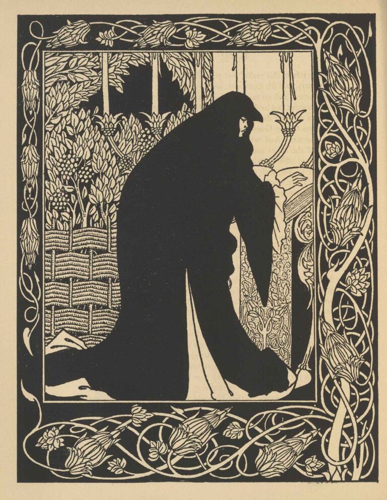 Black-and-white illustration by Aubrey Beardsley showing Queen Guenever cloaked in shadow, kneeling beside a bed, surrounded by ornate floral and vine borders.