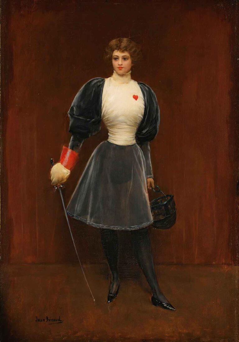 Young woman in late-19th-century fencing outfit lunges with an épée in her right hand and holds a wicker basket in her left, set against a plain brown background.
