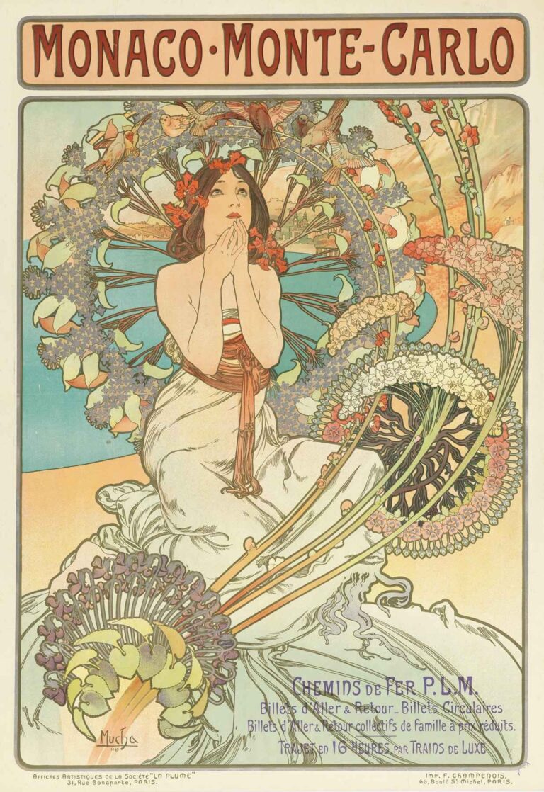 Art Nouveau travel poster by Alphonse Mucha: a graceful woman draped in flowing white and coral robes sits before a wreath of stylized flowers and ocean waves, crowned by the bold title “Monaco · Monte-Carlo” and railway branding.