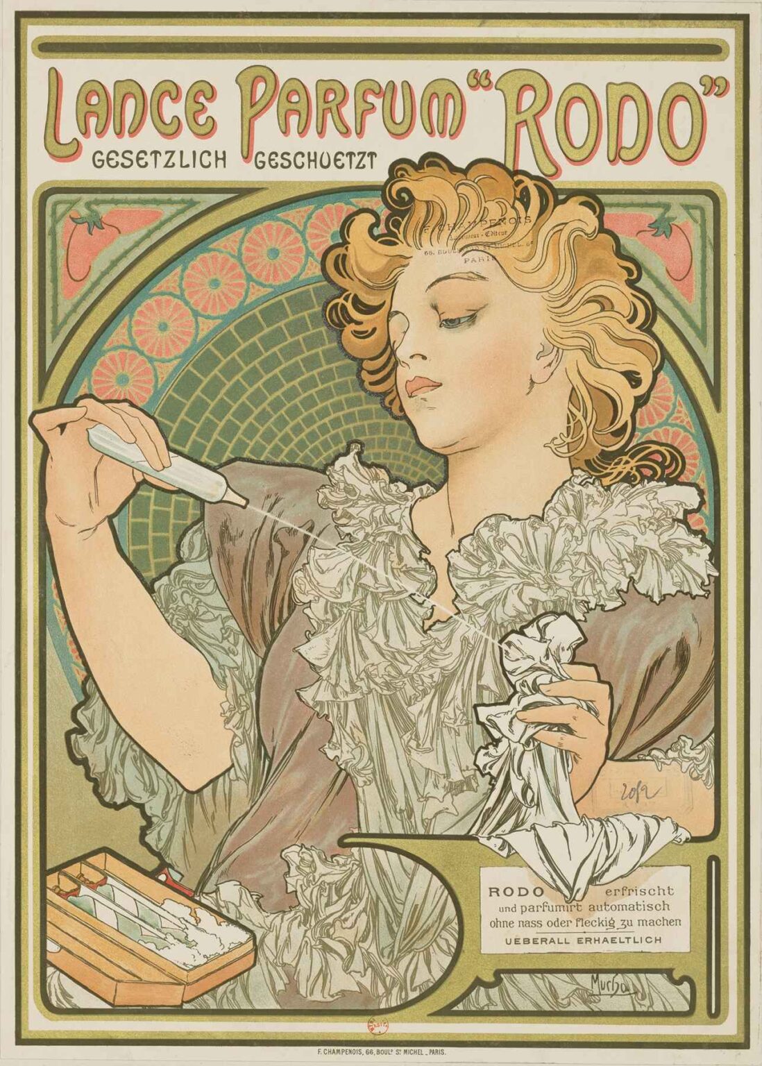Art Nouveau poster by Alphonse Mucha: a stylized woman in flowing robes holds a slender perfume ampoule, spraying mist into the air, framed by ornate floral and mosaic patterns.