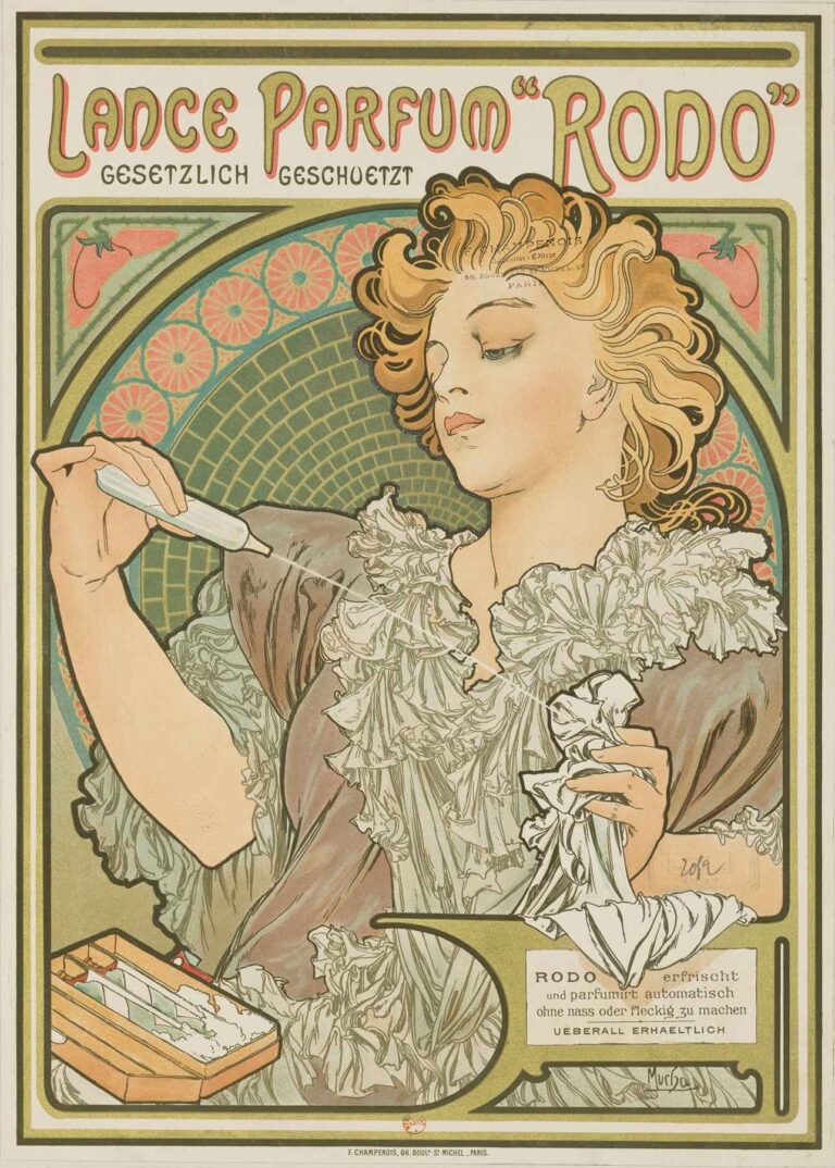 Art Nouveau poster by Alphonse Mucha: a stylized woman in flowing robes holds a slender perfume ampoule, spraying mist into the air, framed by ornate floral and mosaic patterns.
