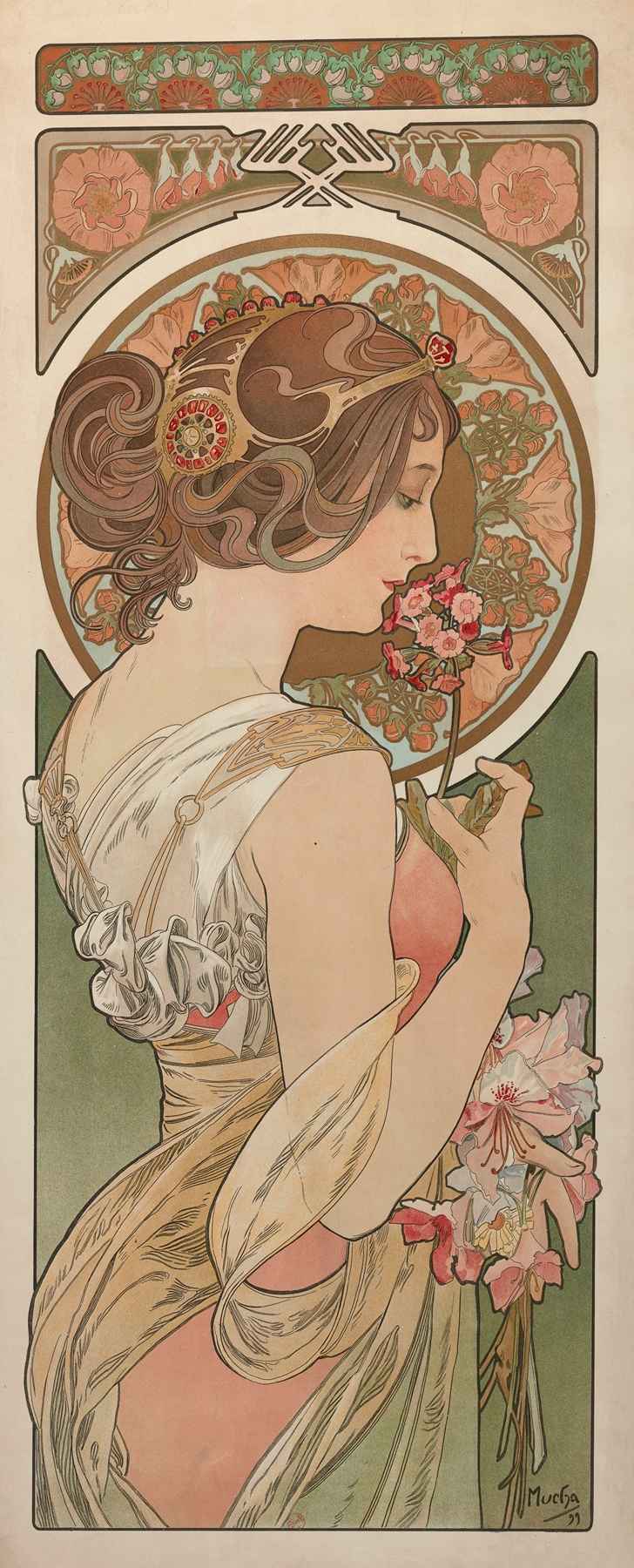 Art Nouveau panel by Alphonse Mucha: a young woman in profile, draped in flowing robes, inhaling a primrose, set against a circular backdrop of stylized floral motifs in soft greens and pinks.