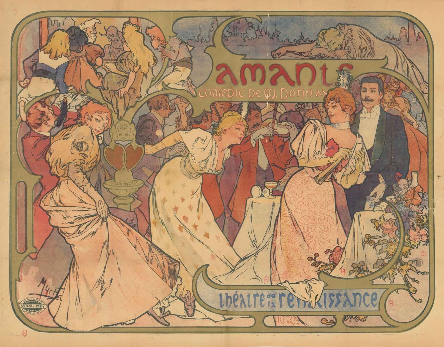 Art Nouveau theatrical poster showing three stylishly dressed figures—two women and a man—in mid-dance before a violinist and onlookers, all set within decorative curving borders and integrated title text “Amants, comédie de M. Donnay. Théâtre de la Renaissance.”