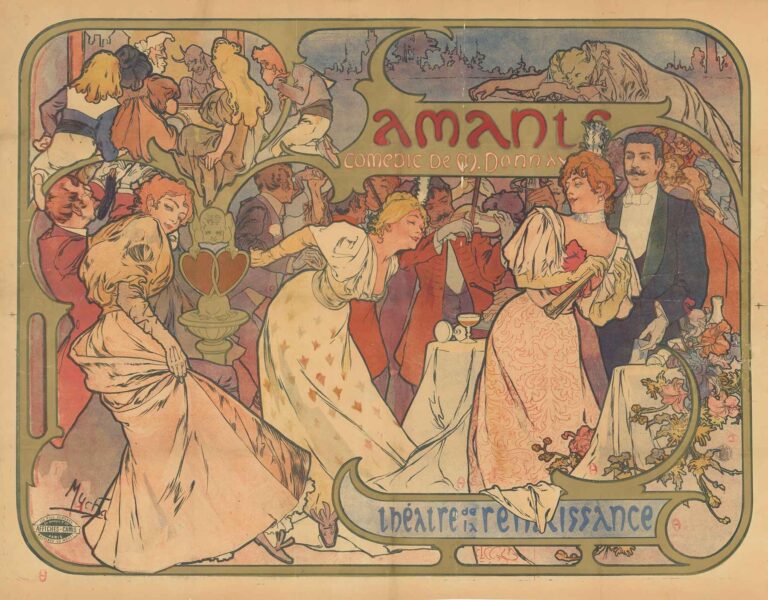 Art Nouveau theatrical poster showing three stylishly dressed figures—two women and a man—in mid-dance before a violinist and onlookers, all set within decorative curving borders and integrated title text “Amants, comédie de M. Donnay. Théâtre de la Renaissance.”