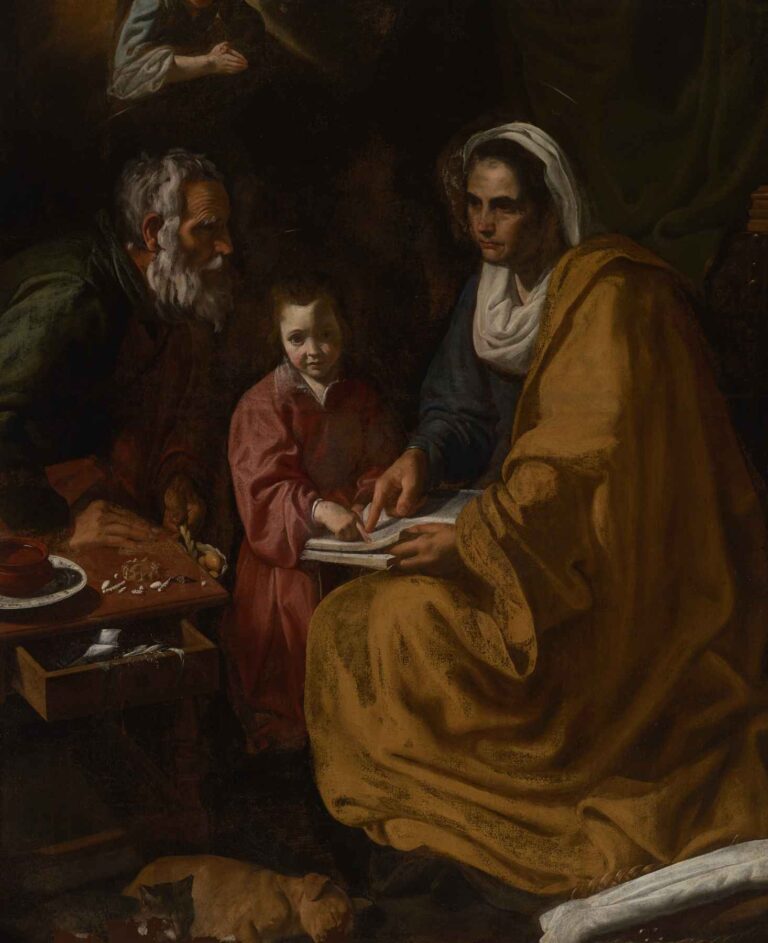 Painting of the Virgin Mary as a child being taught to read by Saint Anne, with Saint Joachim observing, depicted in a warm, intimate interior by Diego Velázquez.