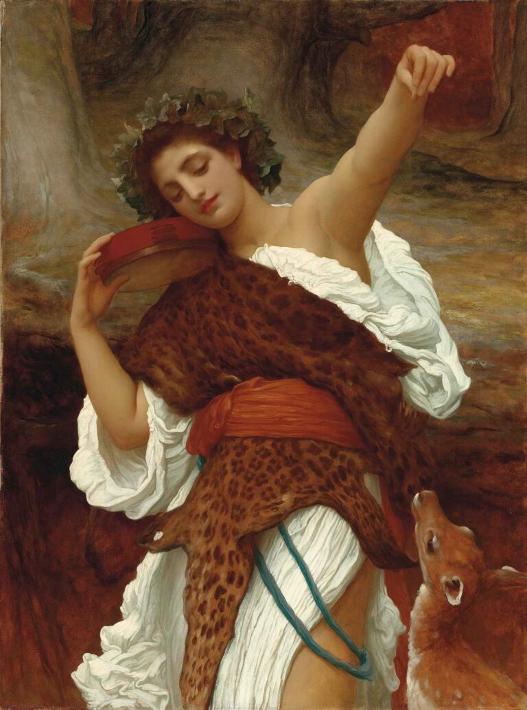 Oil painting of a Bacchante by Frederic Leighton, showing a crowned female figure in a white robe and leopard skin, holding a tambourine with eyes closed, accompanied by a deer in a mythological woodland setting.