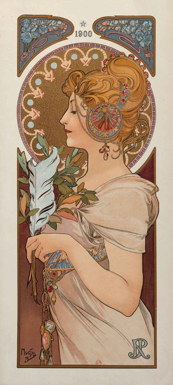 Art Nouveau panel by Alphonse Mucha: a graceful woman in profile holds a large feather quill and sprig of leaves, set before a circular mosaic backdrop and framed by decorative floral borders in soft peach, gold, and sage tones.