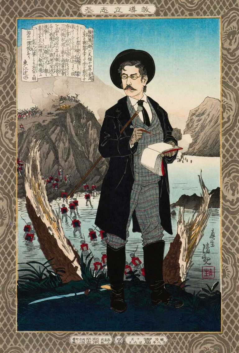 Color woodblock print by Kobayashi Kiyochika showing journalist Fukuchi Gen’ichirō in Western attire with notebook and pencil, standing before a dramatic battle scene during the Meiji era.