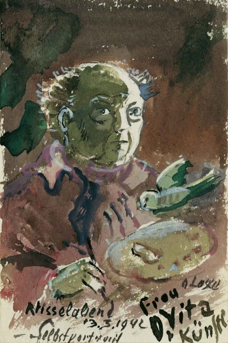 Expressionist self-portrait watercolor by Oskar Laske (1942), showing an intense older man with a palette and bird, in earthy tones with handwritten inscriptions and a surreal, introspective atmosphere.
