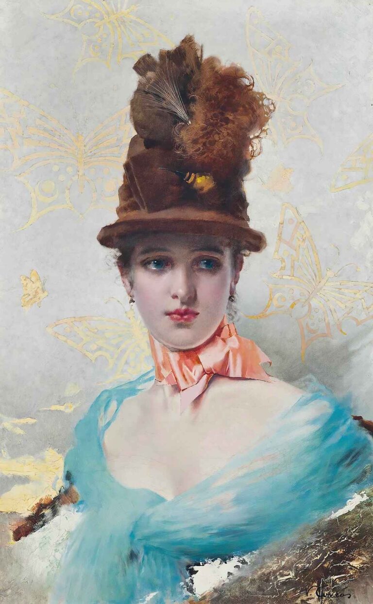 Portrait of a young woman in a brown feathered hat and pink ribbon, wearing a blue shawl, set against a backdrop of golden butterflies—painted by Vittorio Matteo Corcos.