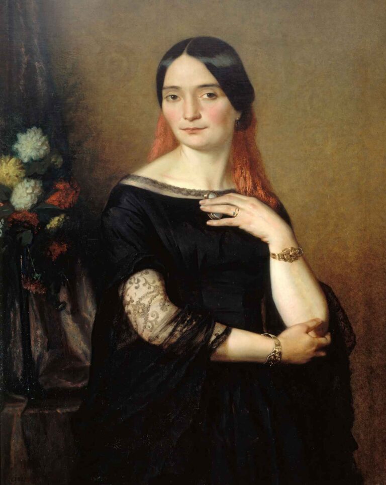 Oil portrait of a dark-haired woman in a black silk dress with lace sleeves, gold jewelry, and a contemplative expression, painted by Ary Scheffer against a muted background with flowers.