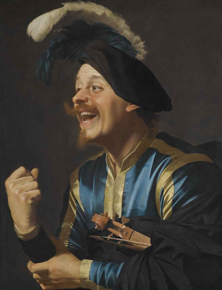 Baroque painting by Gerard van Honthorst (1624) titled A Laughing Violinist, showing a joyous young man in a feathered hat and colorful costume holding a violin, rendered in dramatic chiaroscuro lighting.