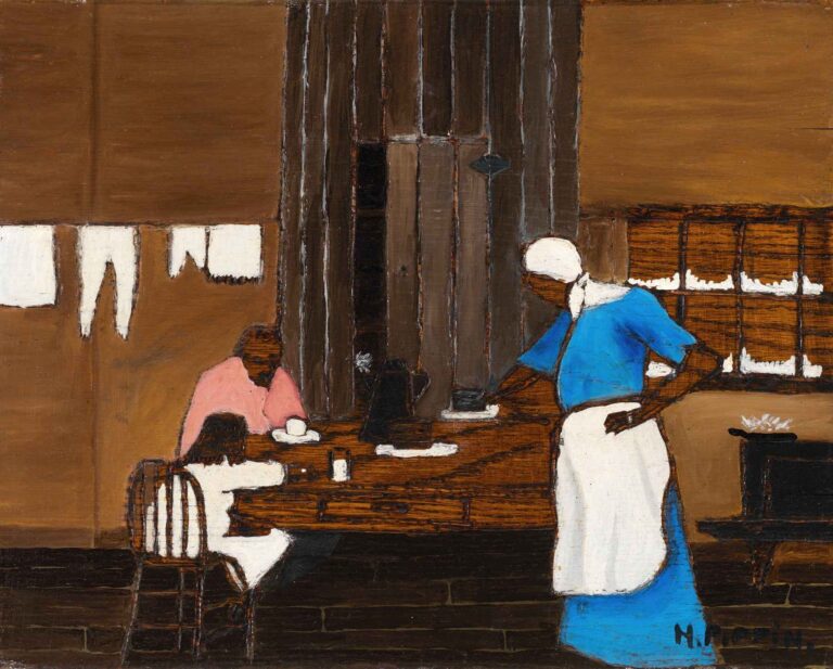 Painting of an African American family at a wooden kitchen table: a woman in a blue dress and apron serves food while a man and child sit eating, surrounded by shelves, a stove, and laundry—by Horace Pippin, 1940.
