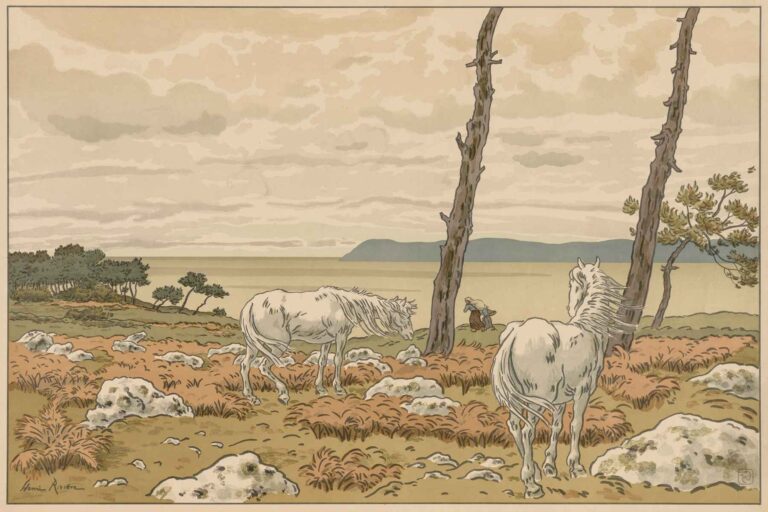 Color lithograph by Henri Rivière (1897) titled Aspects of Nature; The Bay, showing two white horses grazing on a coastal hill under a cloudy sky, with a woman walking in the distance and stylized trees framing the tranquil landscape.