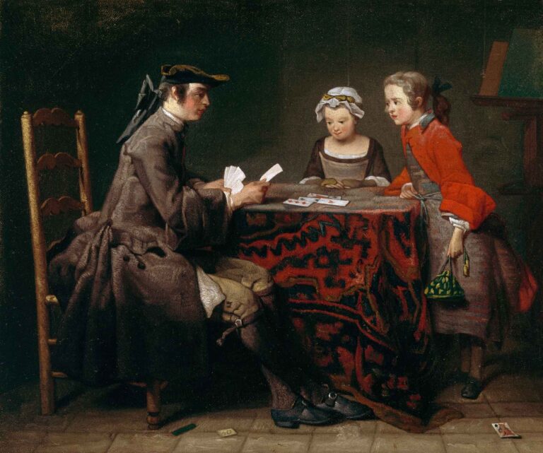 Painting of three young people playing cards around a table covered with a red patterned cloth: a seated boy holds cards, a girl watches quietly, and another girl in a red jacket leans forward with a purse in hand—by Jean Siméon Chardin.