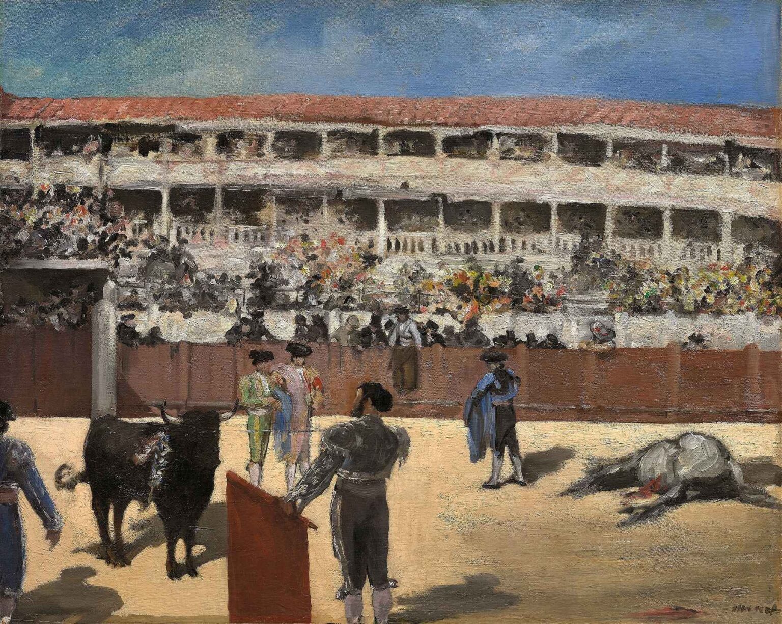 Oil painting by Édouard Manet titled Bullfight (1865), showing a crowded Spanish arena with a black bull, matadors, and a fallen horse in a dynamic, emotionally charged composition rendered in loose brushwork.