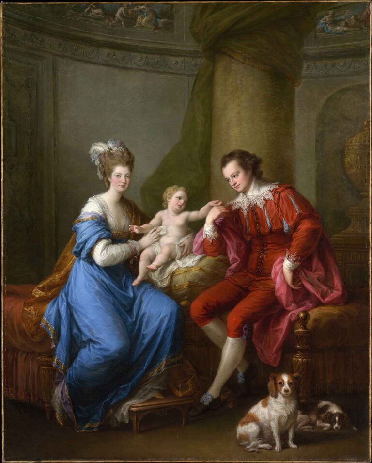 Neoclassical portrait of Edward Smith Stanley in red attire, seated beside his wife Lady Elizabeth Hamilton in a blue gown, as they cradle their naked toddler son on a draped couch; two spaniel dogs rest in the foreground, with a grand column and green curtain behind—painted by Angelica Kauffmann, c. 1776–78.