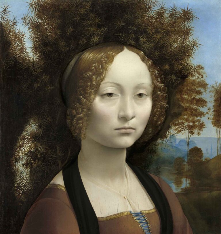 Renaissance oil portrait by Leonardo da Vinci titled Ginevra de’ Benci, showing a young woman with curly hair and a calm expression, framed by juniper trees and a serene landscape in the background.