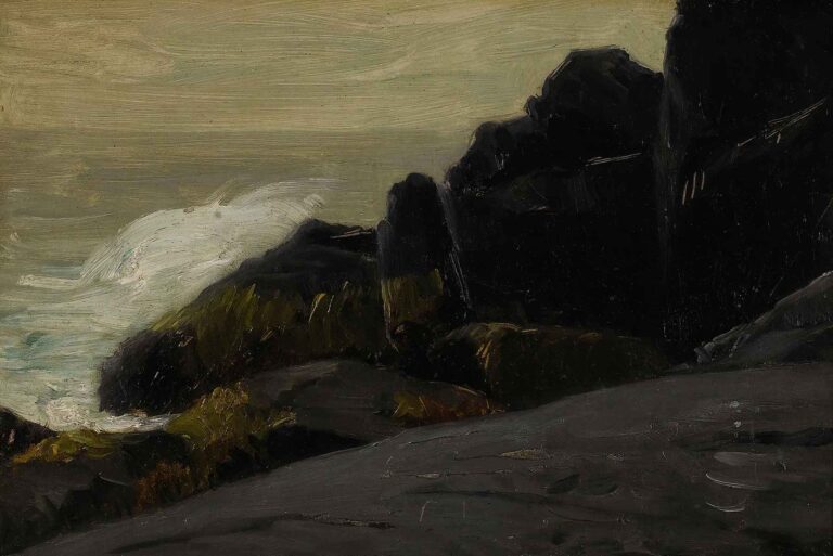 Moody seascape showing dark rocky cliffs against a pale gray sky, with white waves crashing on the shoreline—painted in bold, textured strokes by Robert Henri.