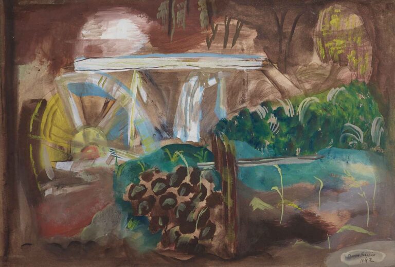 Frances Hodgkins’ The Millwheel (1942), a modernist landscape featuring a stylized watermill, flowing stream, and vibrant vegetation painted in expressive watercolor and gouache on paper.