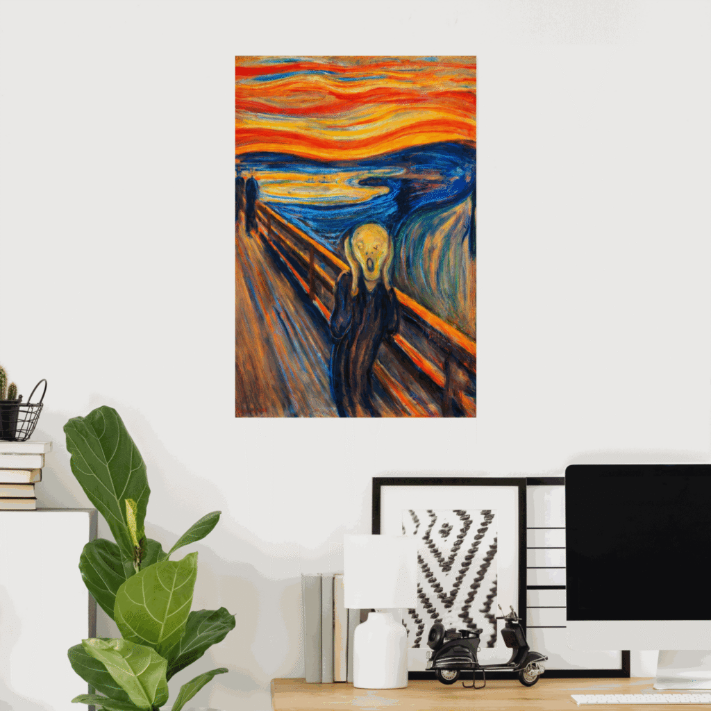 Poster of The Scream by Edvard Munch, featuring the iconic expressionist figure on a bridge beneath a swirling orange, red, and blue sky, displayed as wall art in a modern home office.