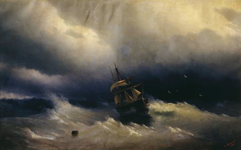 Painting "Sea" (1847) by Ivan Aivazovsky. A lone sailing ship struggles against powerful waves under a dramatic, stormy sky. Light breaks through dark clouds, illuminating parts of the turbulent sea, while a few seagulls fly in the distance. The scene conveys the sublime power of nature and human vulnerability.