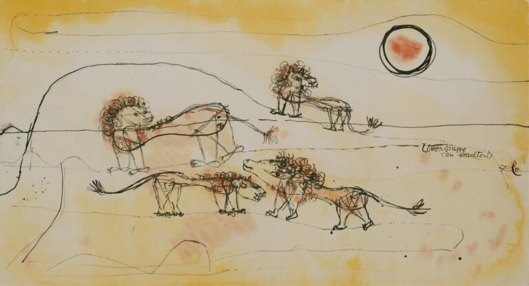 A watercolor and ink painting showing six stylized, linear lion figures outlined in black with red mane accents walking across a pale ochre landscape under a simple sun motif.