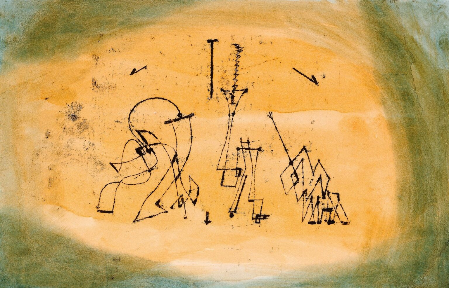 A watercolor and ink drawing showing three abstract, linear figures composed of black gestural lines—curving, zigzagging, and arrow-tipped—against a warm ochre foreground framed by greenish washes, suggesting movement and musical counterpoint.
