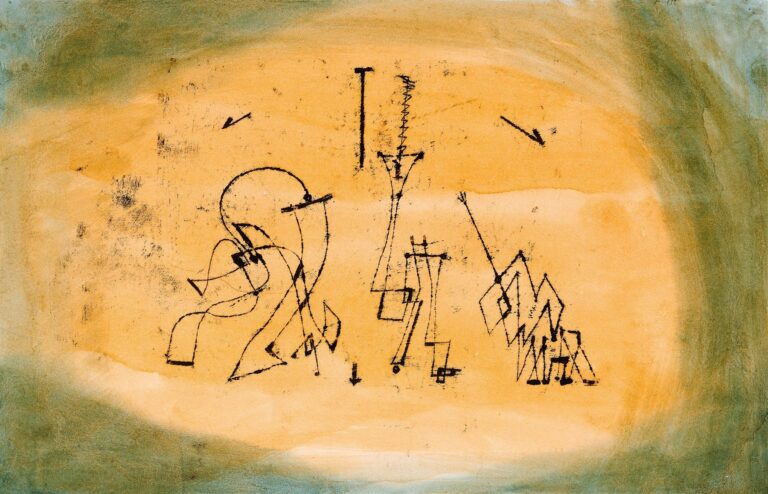 A watercolor and ink drawing showing three abstract, linear figures composed of black gestural lines—curving, zigzagging, and arrow-tipped—against a warm ochre foreground framed by greenish washes, suggesting movement and musical counterpoint.