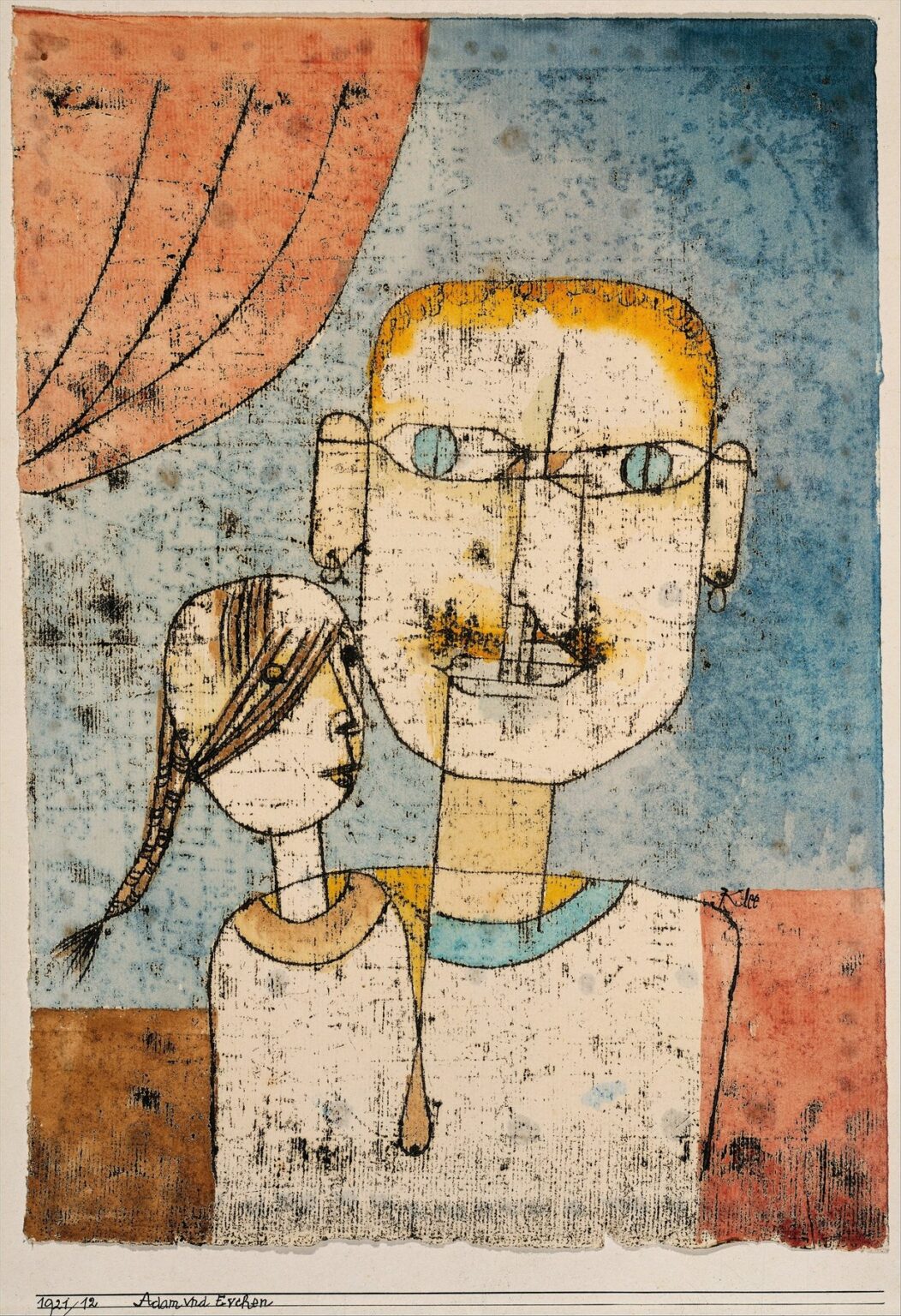 A watercolor and ink painting showing two stylized figures—one large, one small—with grid-like facial lines and pale blue, red, and ochre washes suggesting a father and child set against a simplified architectural background.